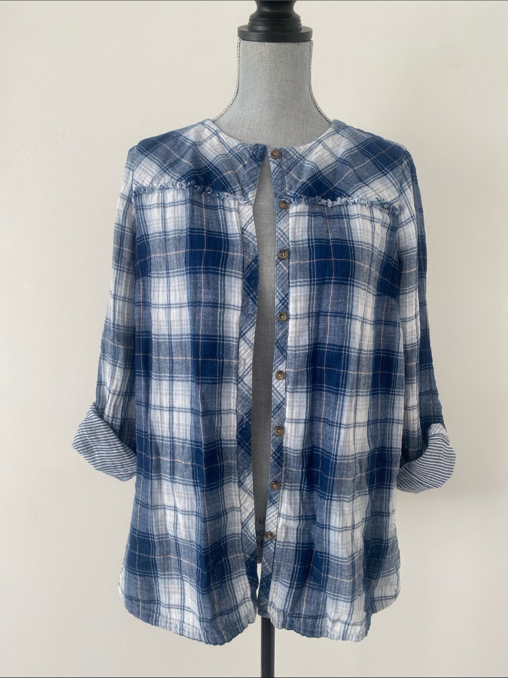 J. Jill Denim Blue White Plaid & Pinstripes Accent Button-Up Shirt M Cotton Gaze